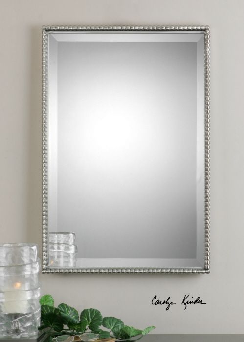 Large Silver Beaded Edge Rectangular Metal Beveled Wall Mirror 31 With Silver Beaded Square Wall Mirrors (View 9 of 15)