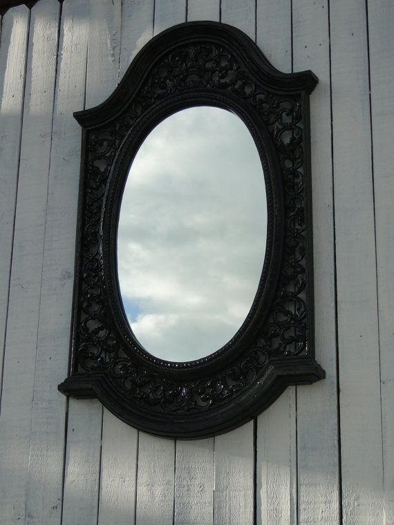 Large Vintage Ornate Baroque Oval Mirror In Glossy Black Gothic In Glossy Black Wall Mirrors (View 1 of 15)