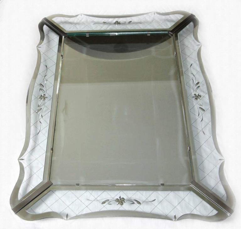 Large Wavy Edge Deco Clear Etched Wall Mirror For Sale At 1stdibs Pertaining To Emerald Cut Wall Mirrors (View 12 of 15)