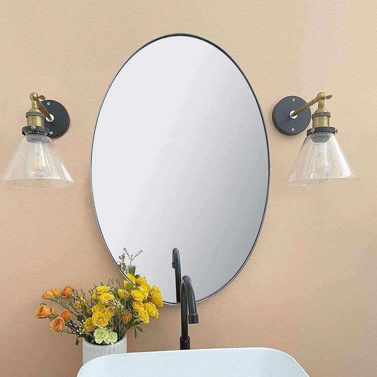 Latitude Run® Oval Brushed Nickel Metal Framed Bathroom Mirror For Wall With Ceiling Hung Polished Nickel Oval Mirrors (View 10 of 15)