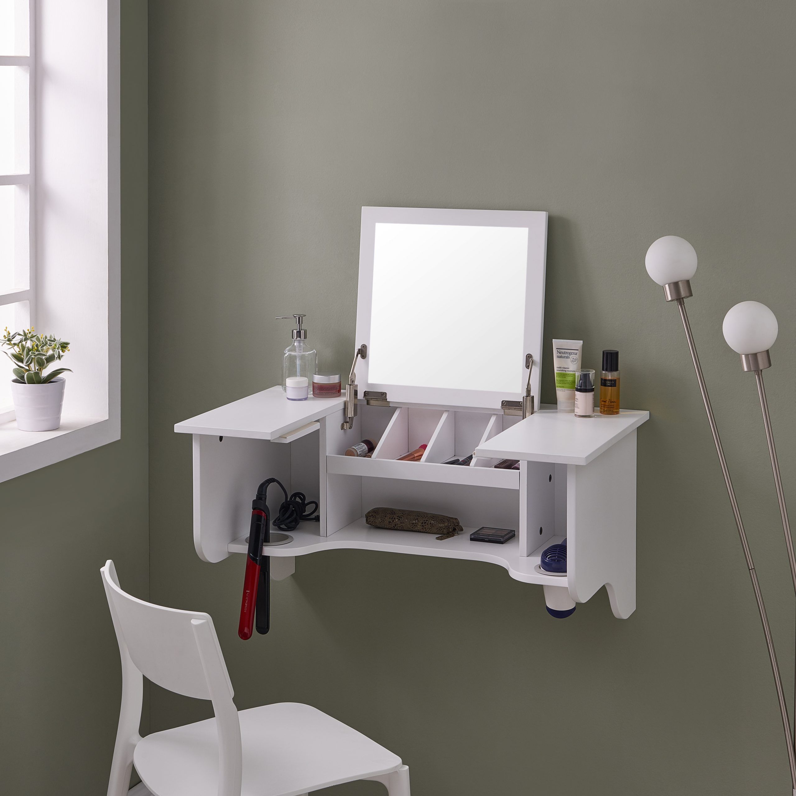 Leigha Wall Mount Ledge W/ Vanity Mirror, Transitional Style, White Within Vanity Mirrors (View 6 of 15)