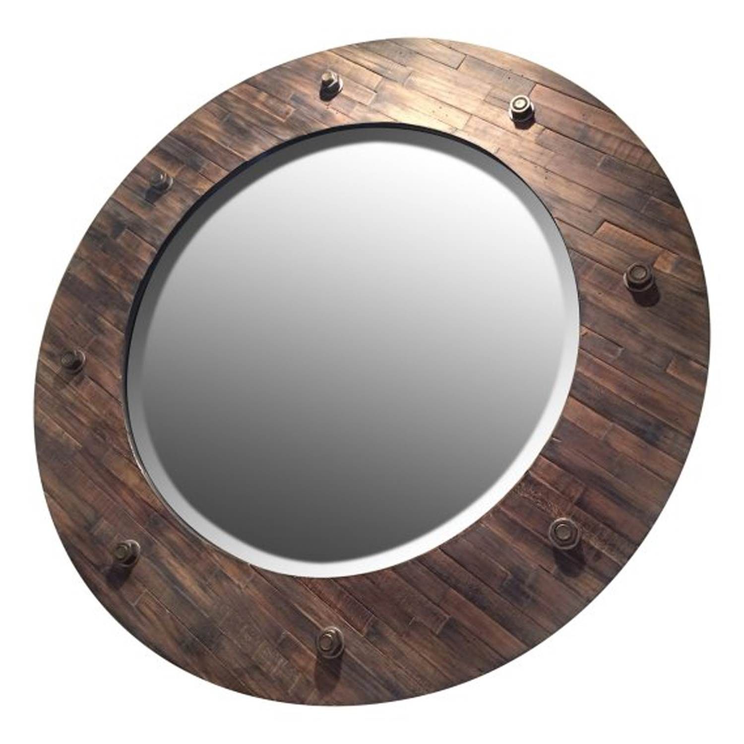 Majestic 32" Rustic Round Wood Beveled Glass Frame Decorative Wall With Window Cream Wood Wall Mirrors (View 4 of 15)