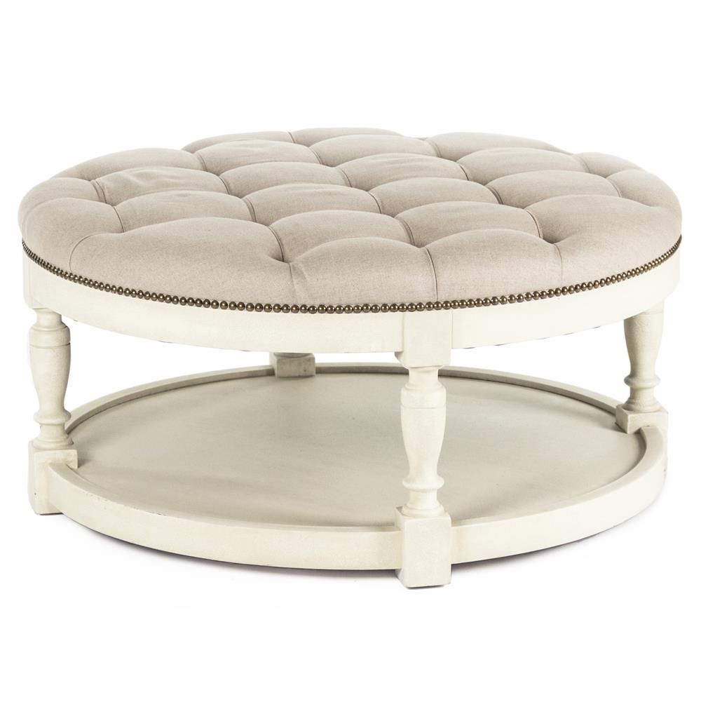 Marseille French Country Cream Ivory Linen Round Tufted Coffee Table Inside Round Staggered Nail Head Mirrors (View 7 of 15)