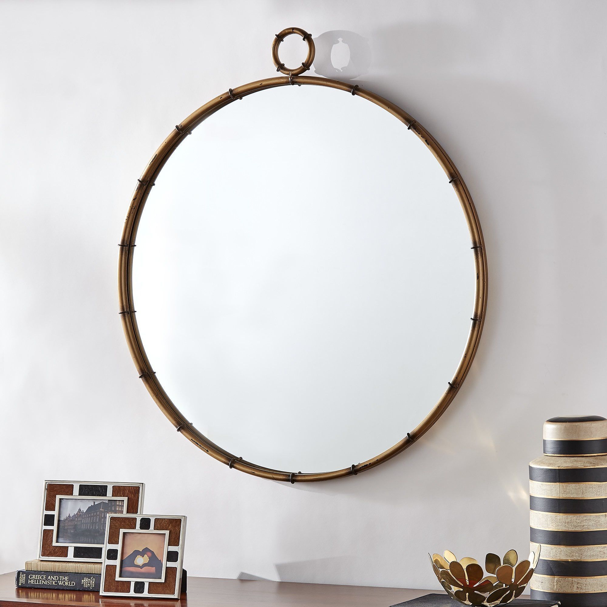 Marza Antiqued Brass Finish Round Wall Mirror With Decorative Ring For Woven Metal Round Wall Mirrors (View 6 of 15)