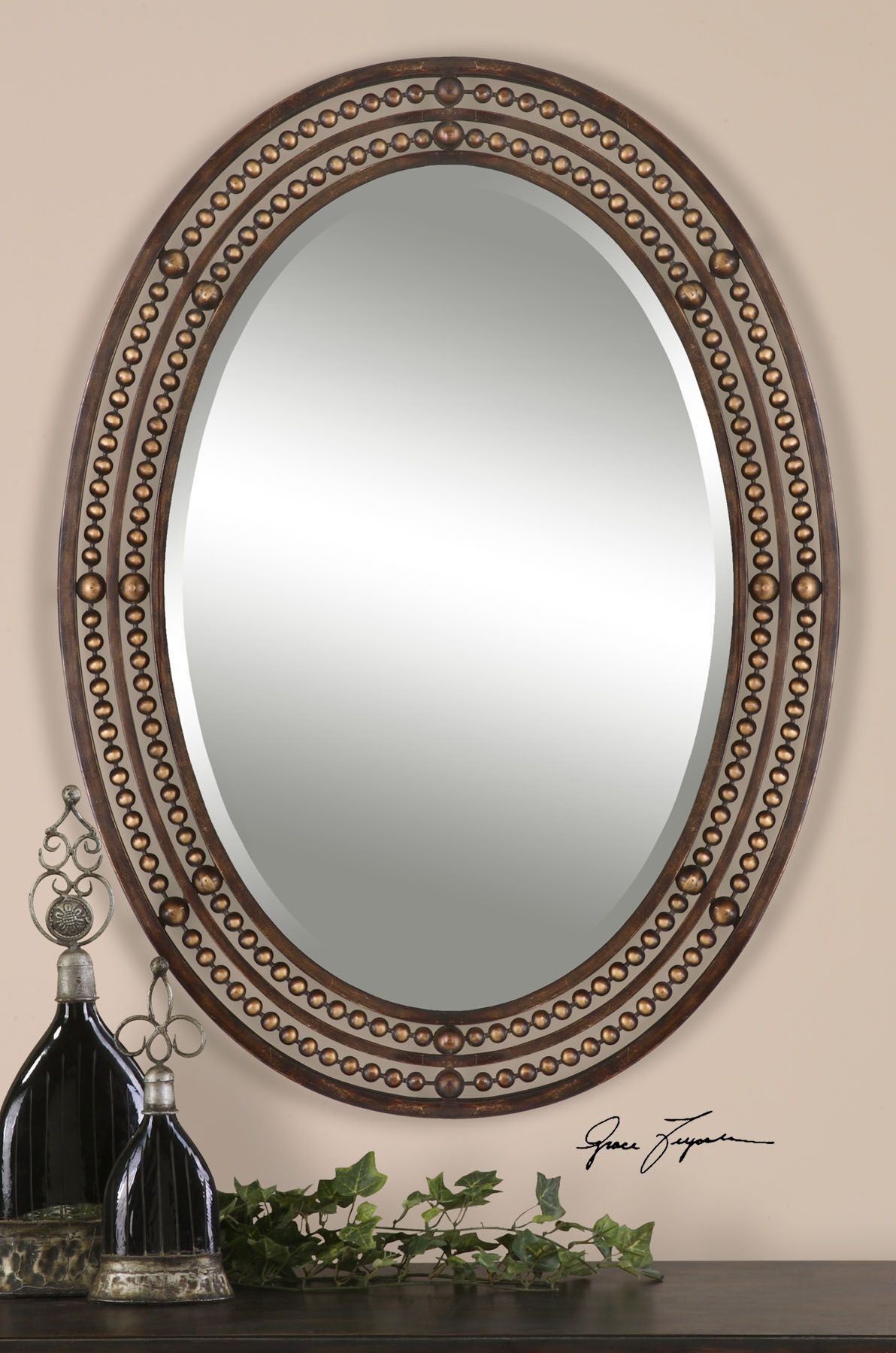 Matney Distressed Bronze Mirror – Doors Of Home | Oval Wall Mirror Inside Vassallo Beaded Bronze Beveled Wall Mirrors (View 11 of 15)