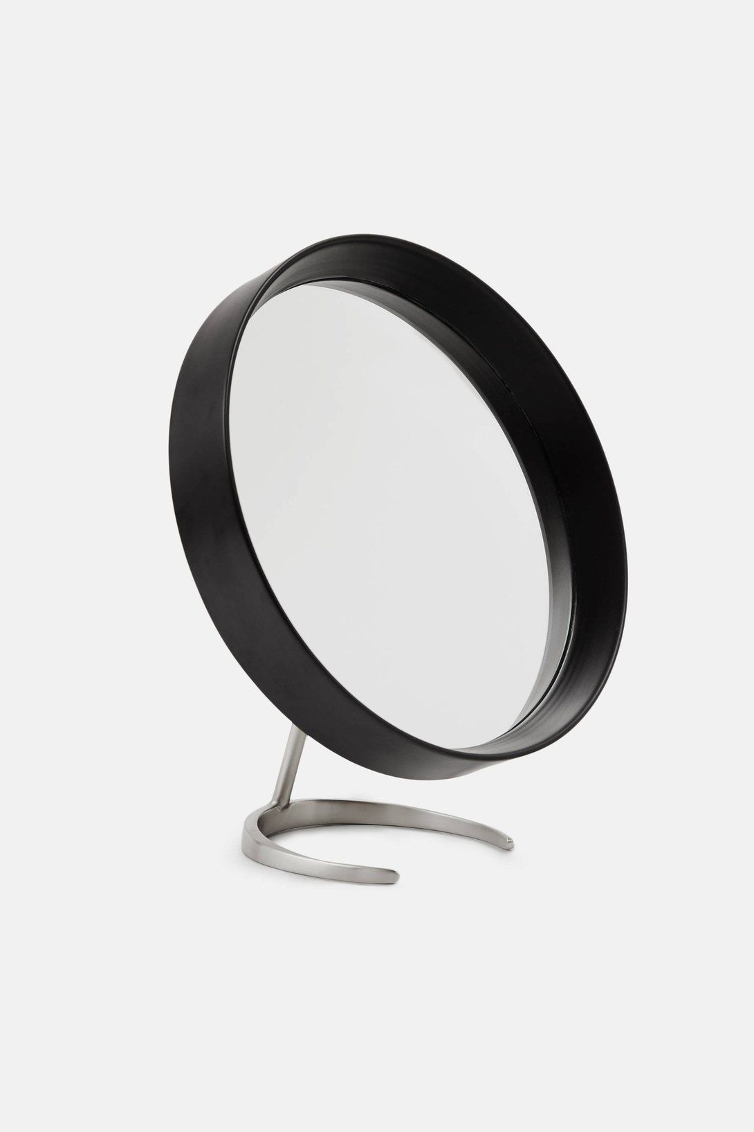 Matte Black Round Mirror With Matte Nickel Stand | Black Round Mirror With Regard To Matte Black Metal Wall Mirrors (View 1 of 15)