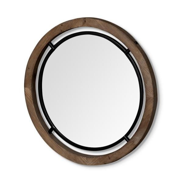 Mercana Josi 24" Wide Modern Brown Wood And Black Metal Round Framed For Black Metal Wall Mirrors (View 8 of 15)