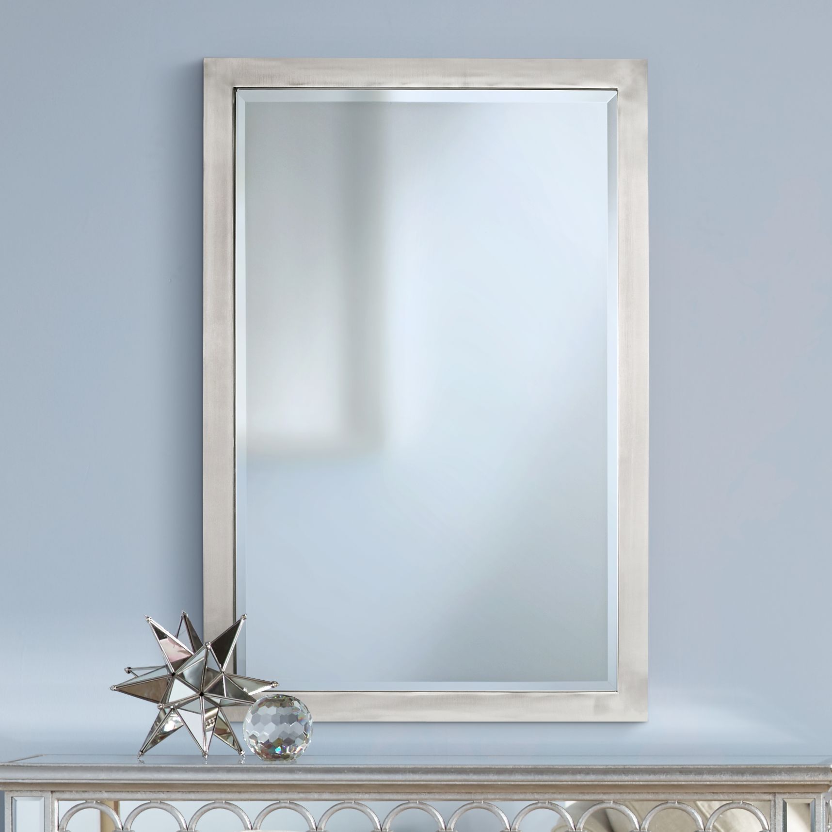 Metzeo 33" X 22" Brushed Nickel Wall Mirror – #t4543 | Lamps Plus In Throughout Nickel Floating Wall Mirrors (View 8 of 15)