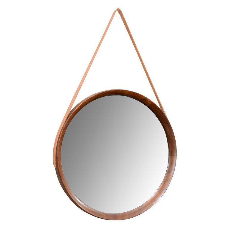 Mid Century Danish Modern Teak Wall Mirror With Leather Strap | Mirrors Inside Black Leather Strap Wall Mirrors (View 2 of 15)