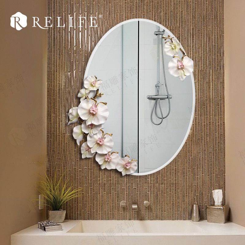 Modern Oval Wall Mirror Bathroom Resin Flowers Decorative Anti Fog Within Bruckdale Decorative Flower Accent Mirrors (View 13 of 15)