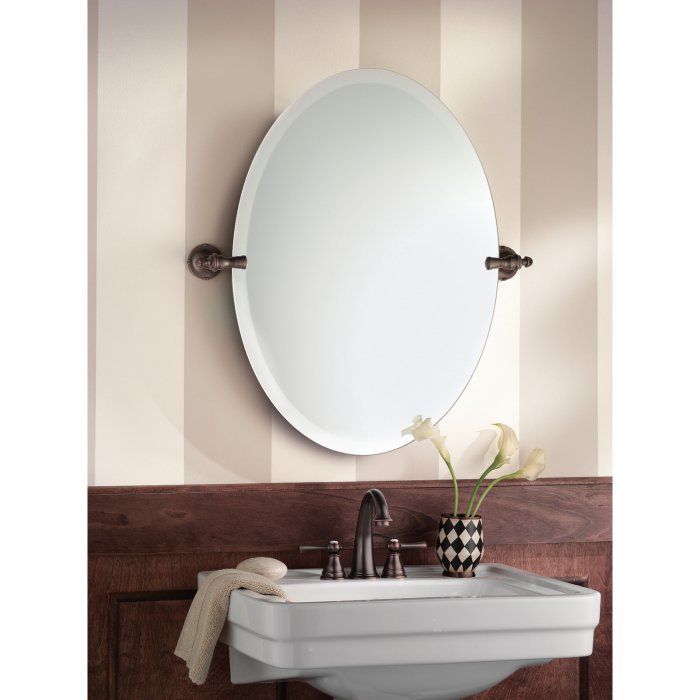 Moen Gilcrest Beveled Vanity Mirror | Hayneedle | Bronze Bathroom Pertaining To Ceiling Hung Oiled Bronze Oval Mirrors (View 15 of 15)