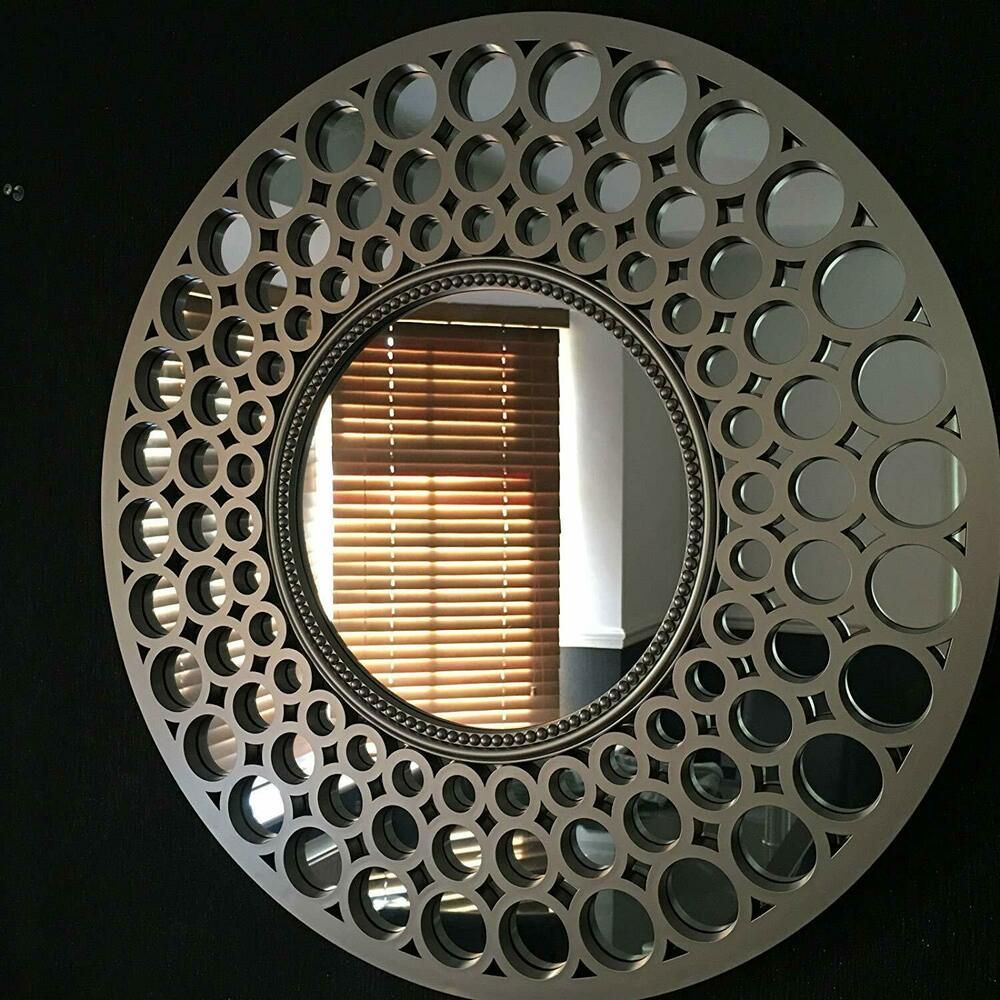 Moroccan Large Silver Round Wall Mirror Art Deco Metallic Silver Round For Silver Rounded Cut Edge Wall Mirrors (View 8 of 15)