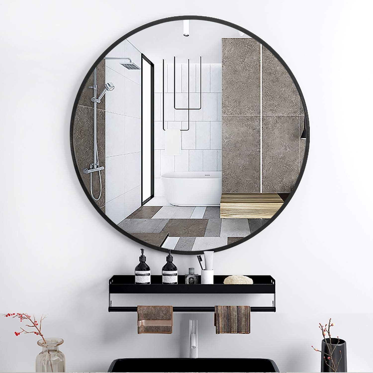 Neutype 16" Black Round Wall Mirror, Modern Aluminum Alloy Frame Accent In Decorative Round Wall Mirrors (View 7 of 15)