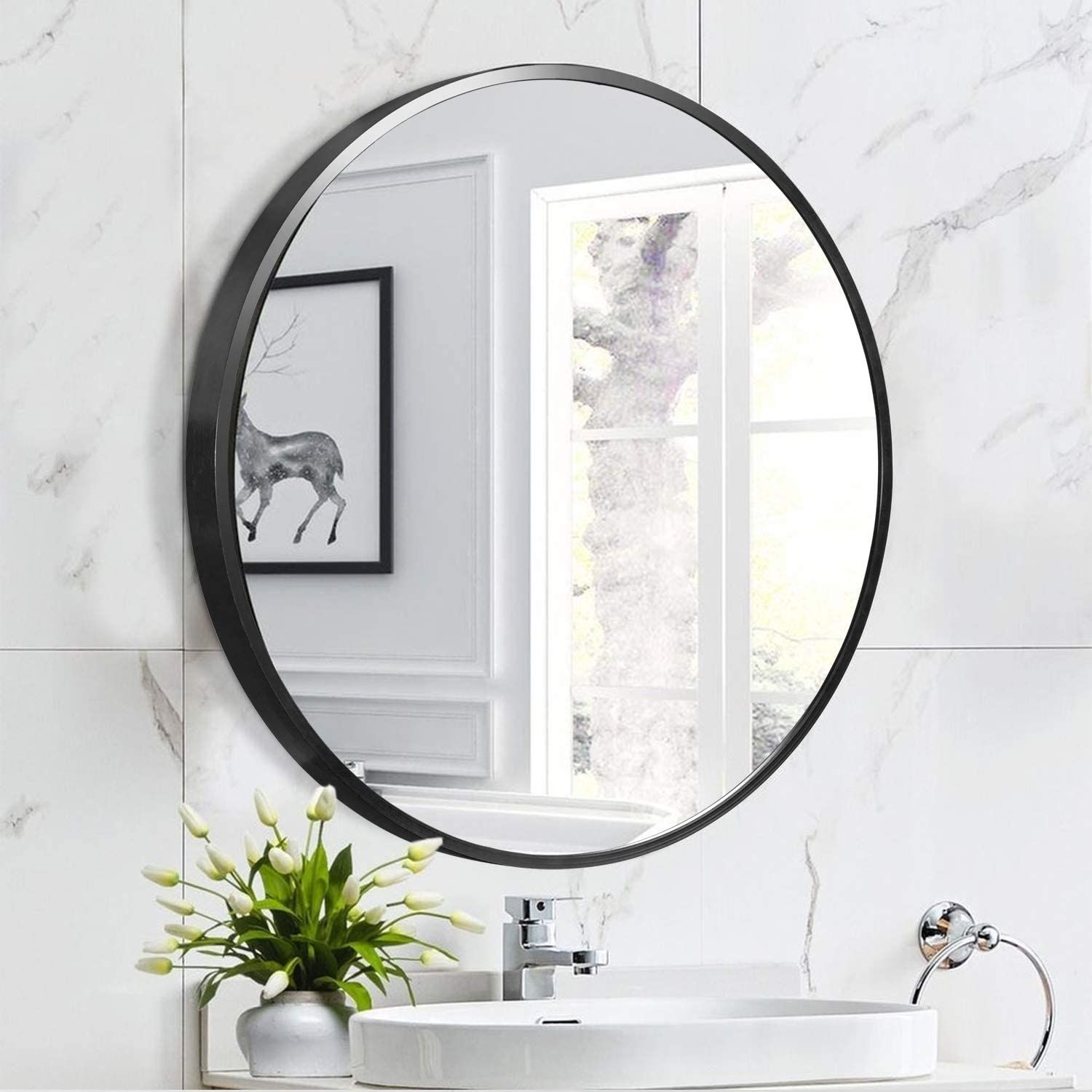 Neutype 28" Black Round Wall Mirror, Modern Aluminum Alloy Frame Accent In Reba Accent Wall Mirrors (Photo 8 of 15)