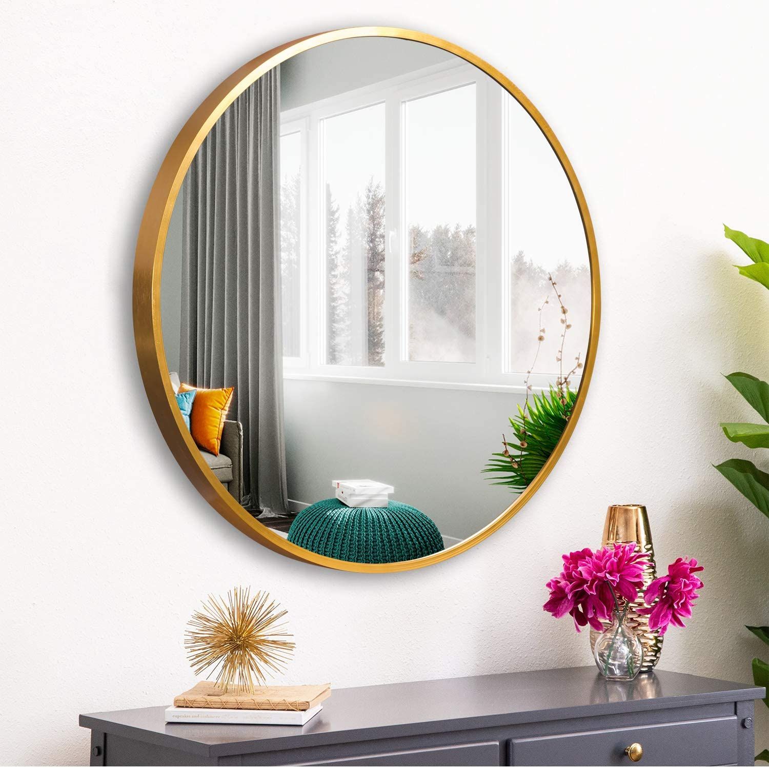 Neutype 28" Gold Round Wall Mirror, Modern Aluminum Alloy Frame Accent With Regard To Bracelet Traditional Accent Mirrors (View 7 of 15)