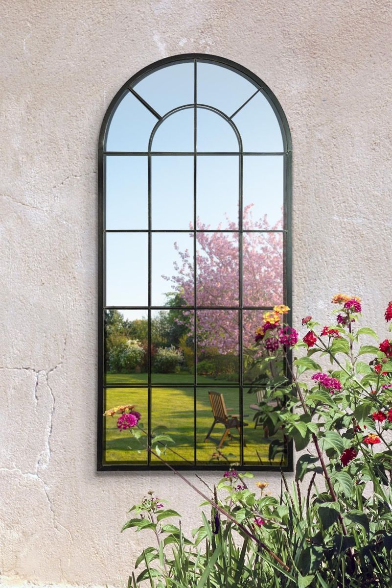 New Black Multi Panelled Arched Window Garden Outdoor Mirror 4ft7 X Intended For Metal Arch Window Wall Mirrors (View 10 of 15)