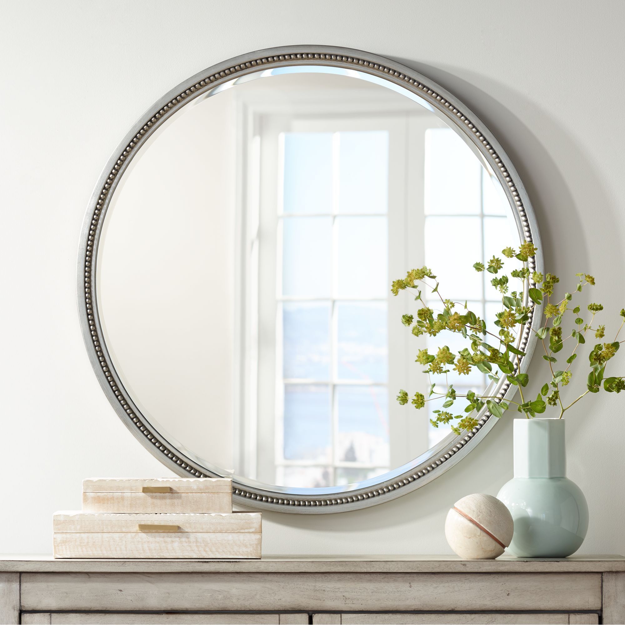 Noble Park Lorraine Silver 32 3/4" Round Beaded Trim Wall Mirror Throughout Silver Beaded Square Wall Mirrors (View 2 of 15)