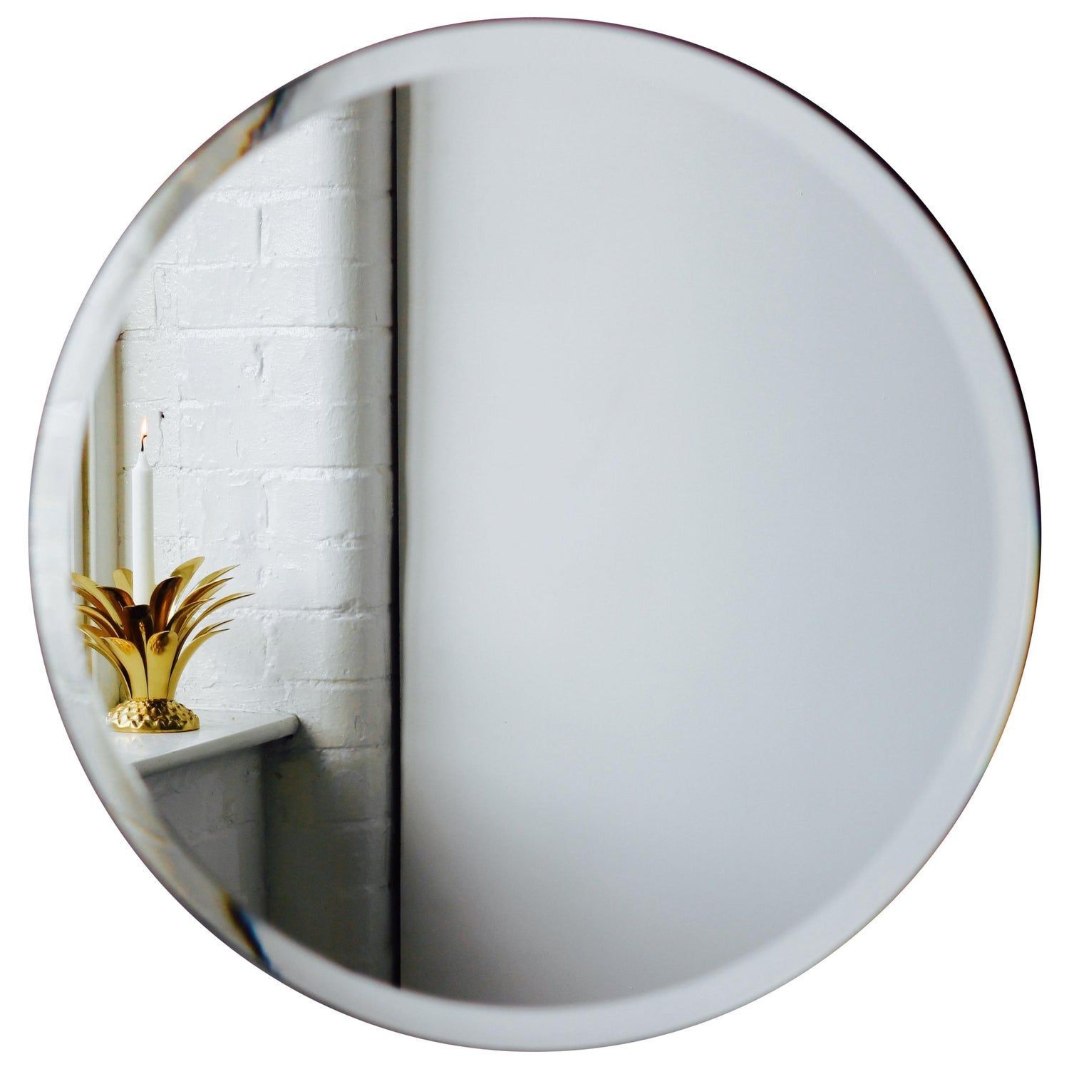 Orbis™ Round Frameless Beveled Mirror With Brass Clips – Extra Large Inside Crown Frameless Beveled Wall Mirrors (View 6 of 15)
