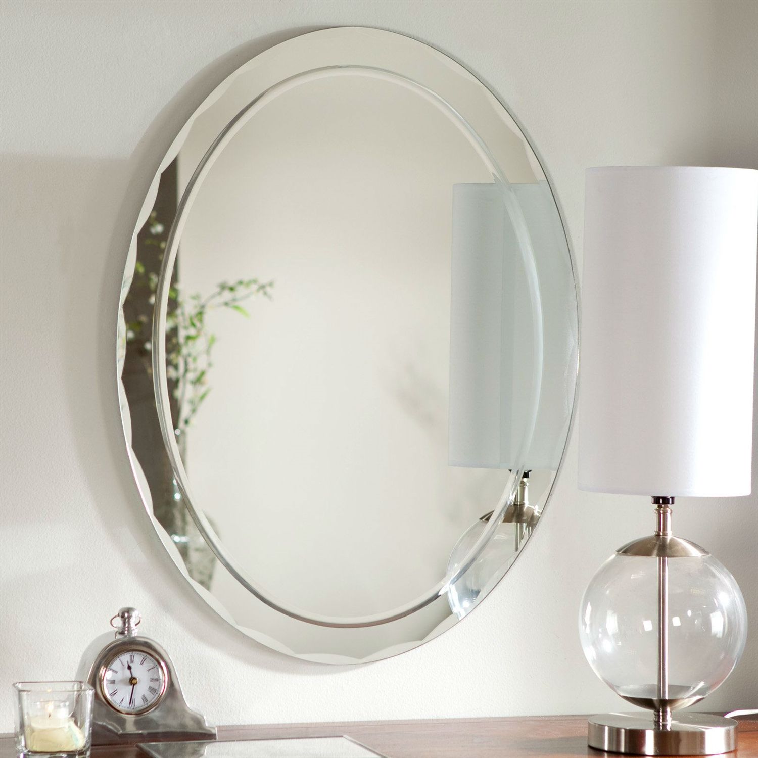 Oval Frameless Bathroom Vanity Wall Mirror With Beveled Edge Scallop Border Within Frameless Tri Bevel Wall Mirrors (View 12 of 15)
