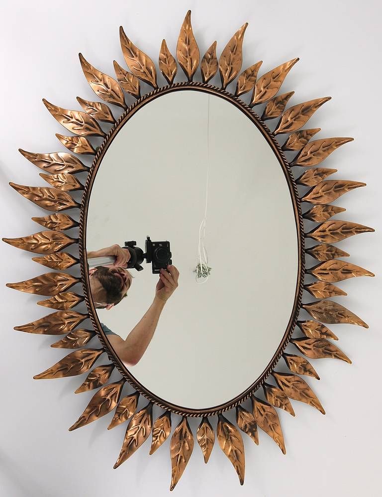 Oval French Copper Sunburst Wall Mirror With Leaves, 1970´s At 1stdibs Regarding Carstens Sunburst Leaves Wall Mirrors (View 11 of 15)