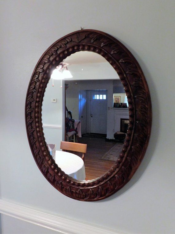 Oval Wall Mirror In Antique, Heavy Medium Tone Walnut Tone Wood Frame With Regard To Pfister Oval Wood Wall Mirrors (View 7 of 15)