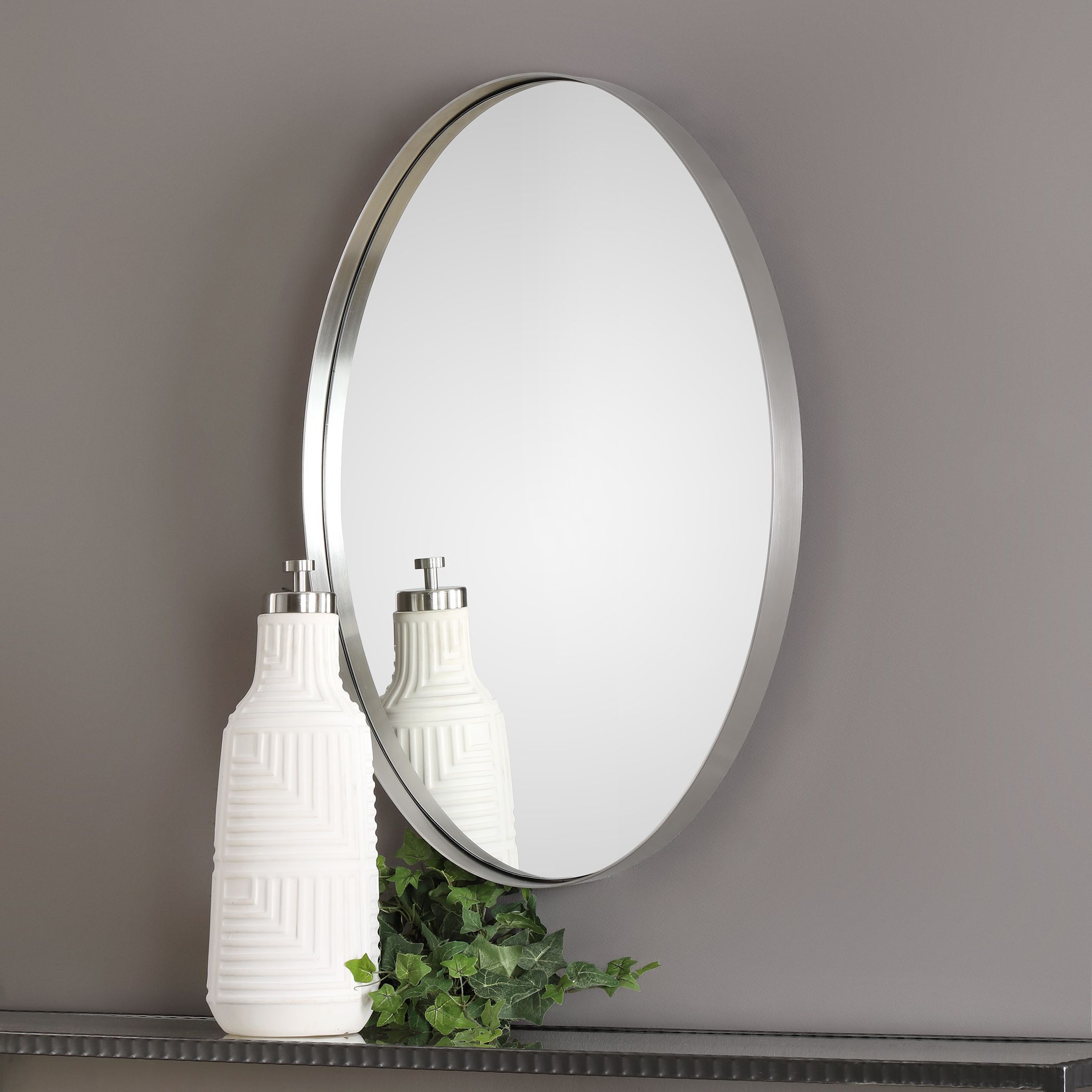 Pursley Contemporary Brushed Nickel Oval Framed Wall Mirror | Oval Within Nickel Floating Wall Mirrors (View 14 of 15)