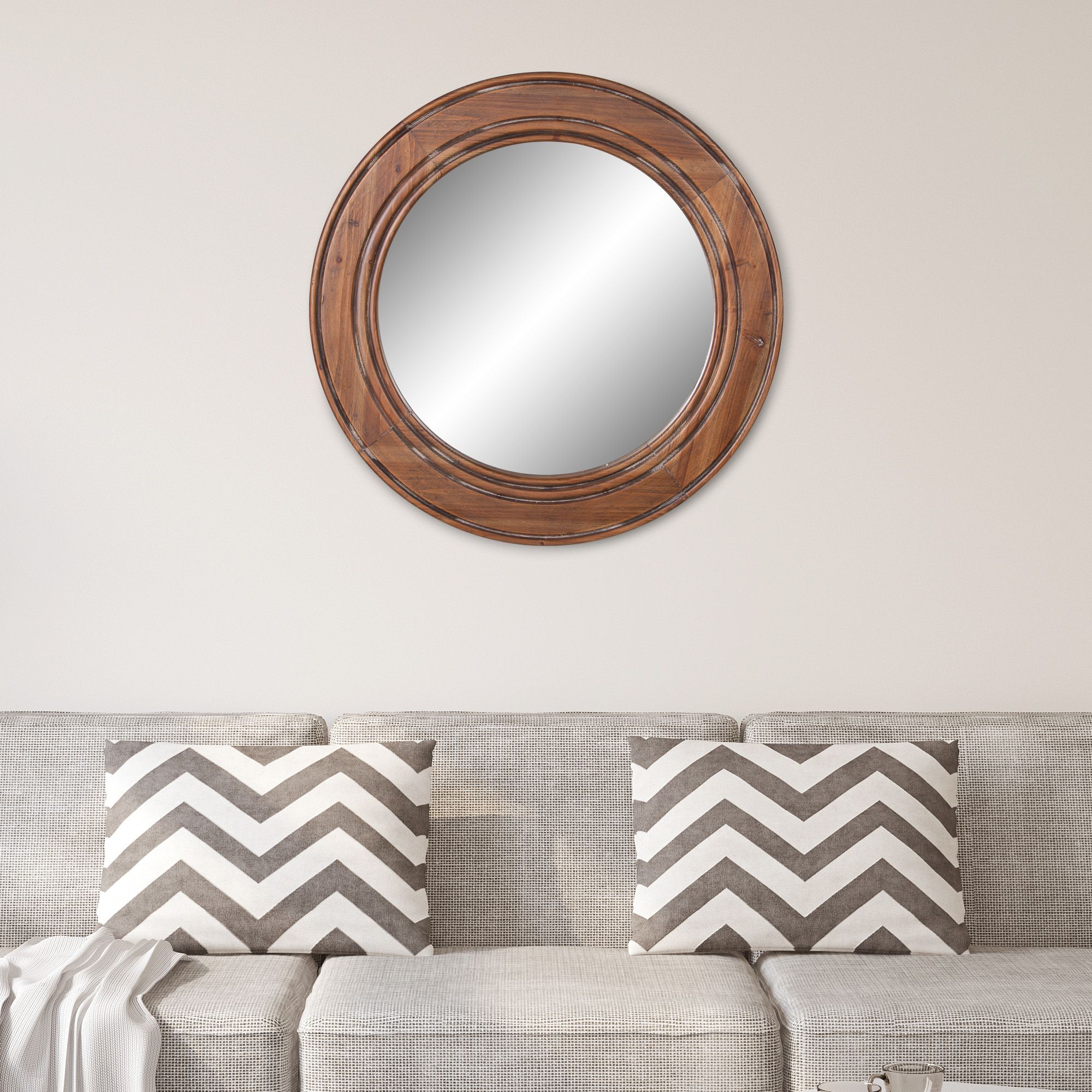 Reclaimed Wood Large Round Wall Accent Mirror 23"x23"patton Wall With Wood Rounded Side Rectangular Wall Mirrors (View 3 of 15)