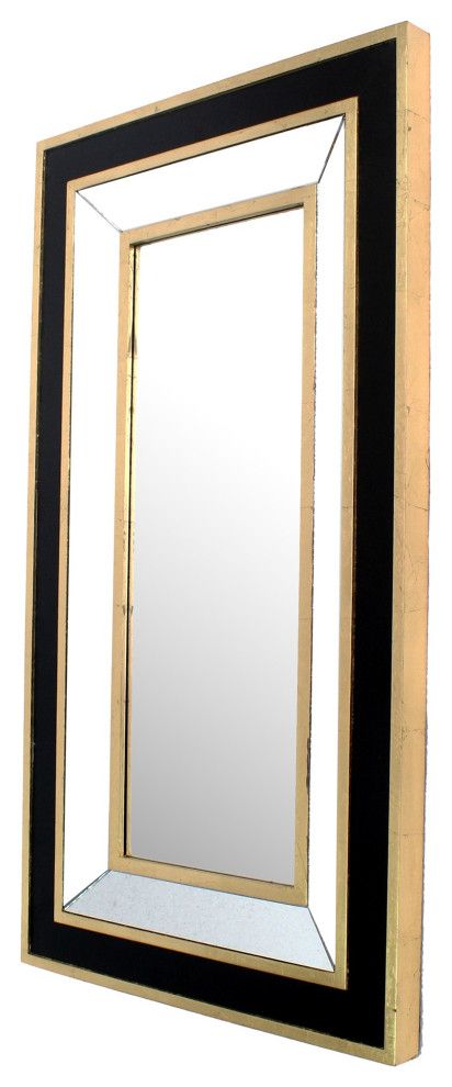 Rectangular Wooden Dressing Mirror With Beveled Edges, Black And Gold With Regard To Rectangle Plastic Beveled Wall Mirrors (View 4 of 15)