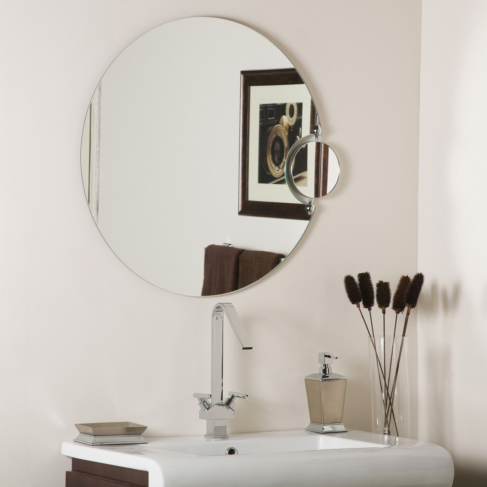 Round Bathroom Mirror With Side Magnifier In Frameless Mirrors With Regard To Round Frameless Bathroom Wall Mirrors (View 12 of 15)
