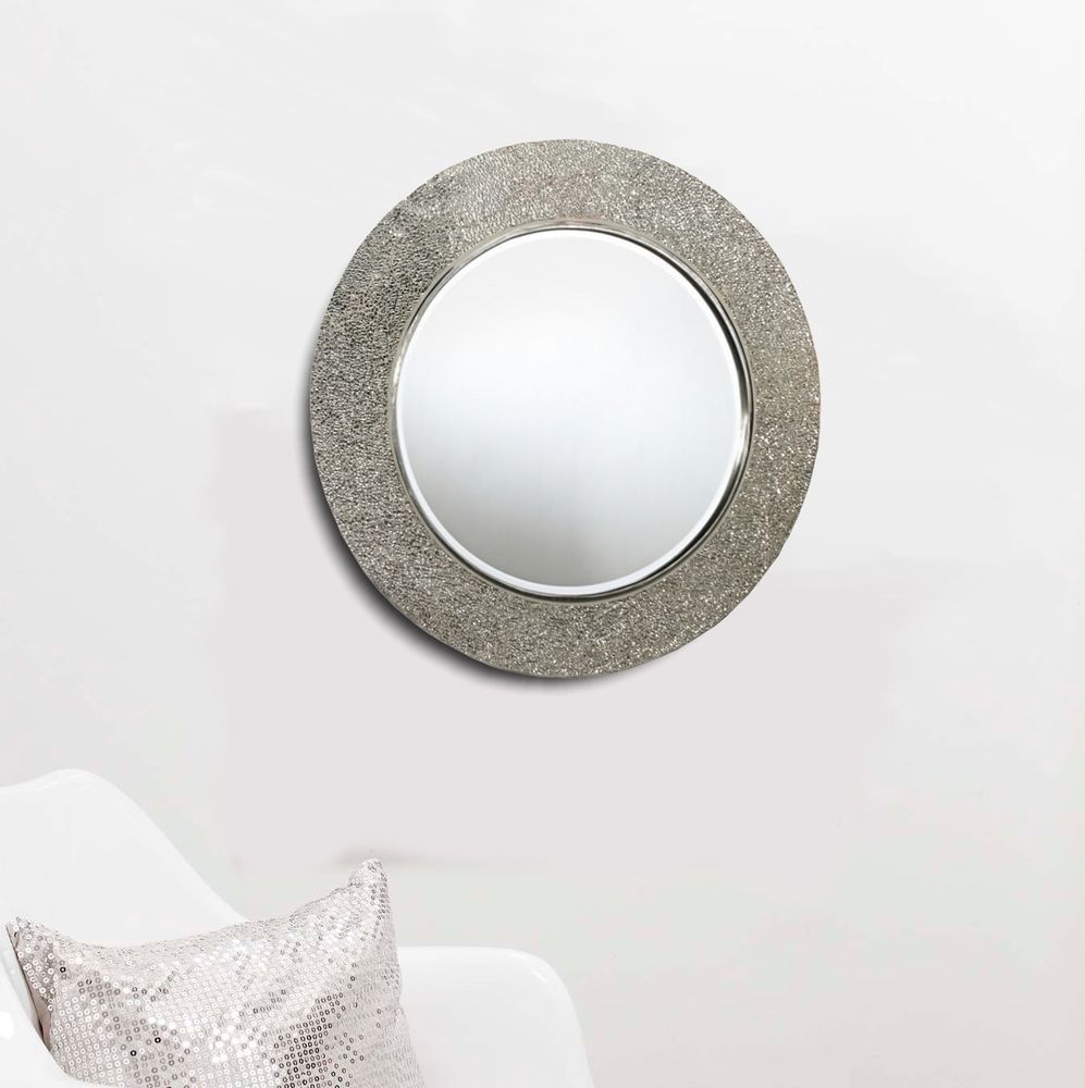 Round Crackle Wall Mirror Handmade Broken Glass Mosaic Silver Frame 70 In Rounded Cut Edge Wall Mirrors (View 12 of 15)