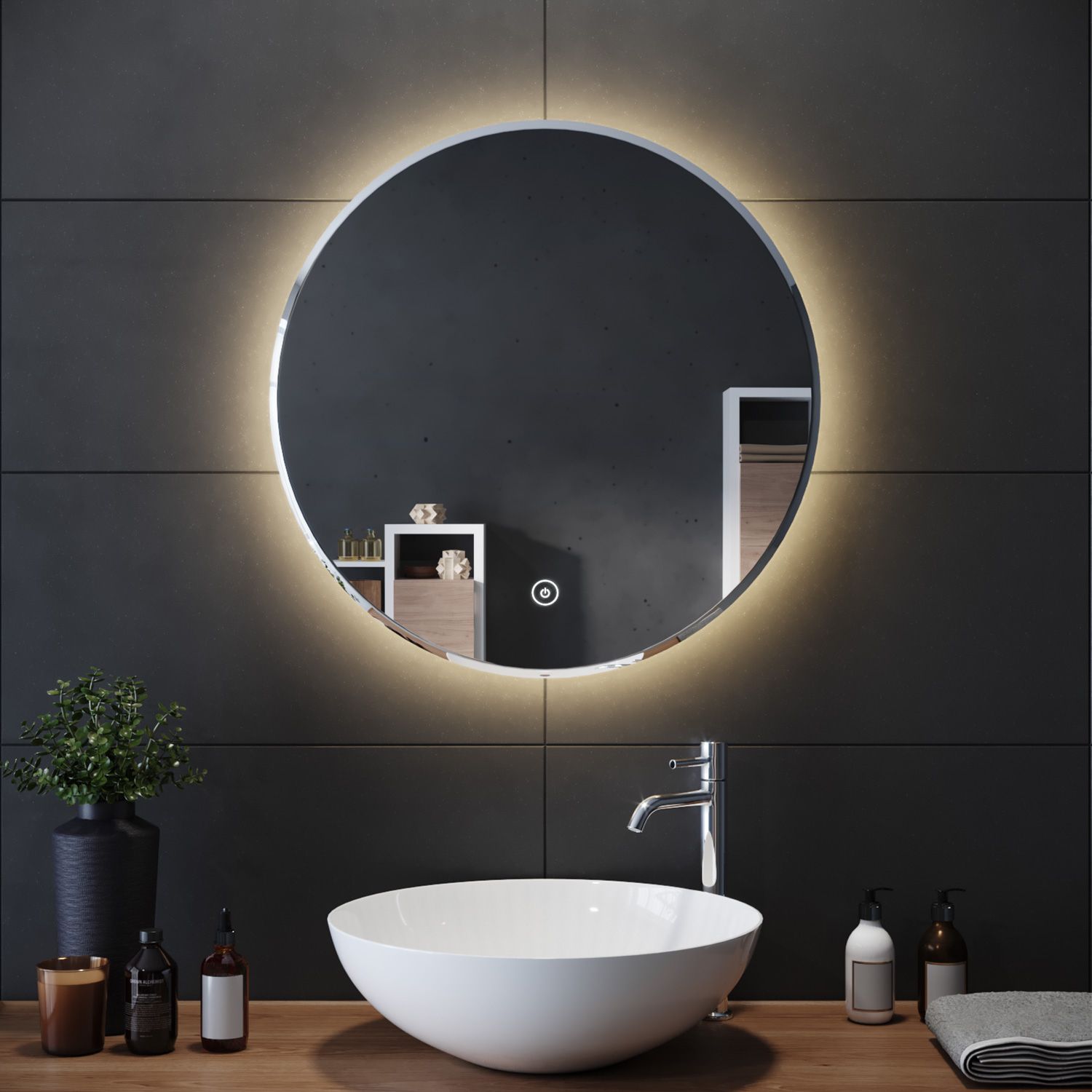 Round Led Illuminated Bathroom Mirror With Warm Light Smart Touch Within Vanity Mirrors (View 5 of 15)