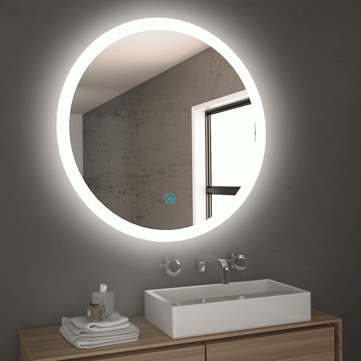 Round/square Bathroom Led Mirror Anti Fogging Touch Switch Wall Mounted Throughout Edge Lit Square Led Wall Mirrors (View 4 of 15)