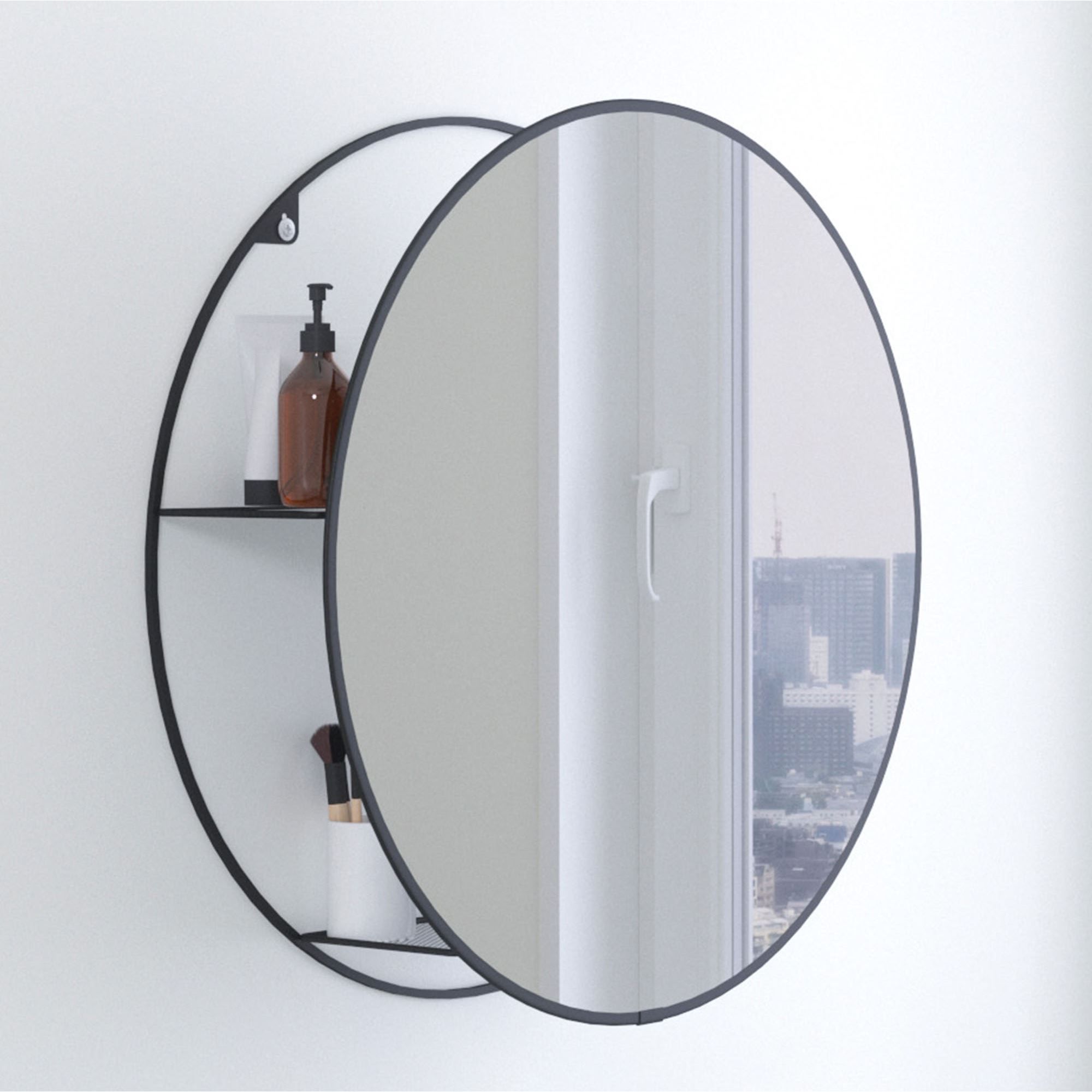 Round Storage Wall Mirror With Hidden Shelves Inside Round Grid Wall Mirrors (View 13 of 15)