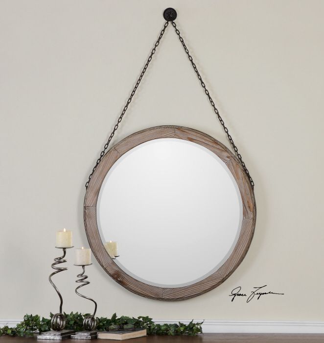 Round Wood Wall Mirror Farmhouse Large 34" Vanity Decor Accent Pertaining To Round 4 Section Wall Mirrors (View 15 of 15)