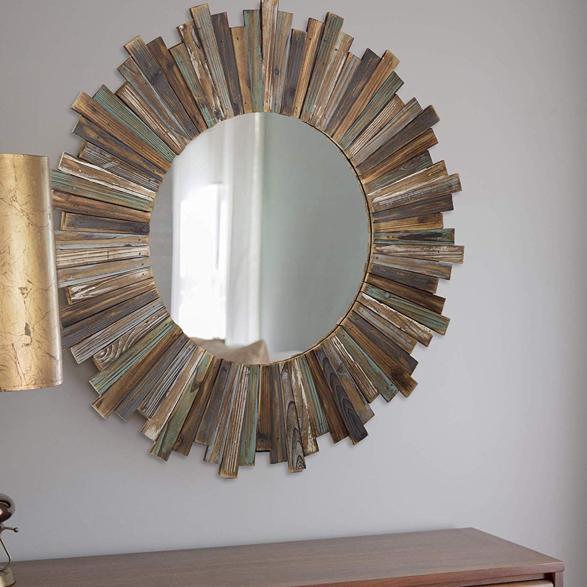Rustic & Distressed Wood Round Sunburst Mirror | Sunburst Mirror Intended For Brylee Traditional Sunburst Mirrors (View 6 of 15)