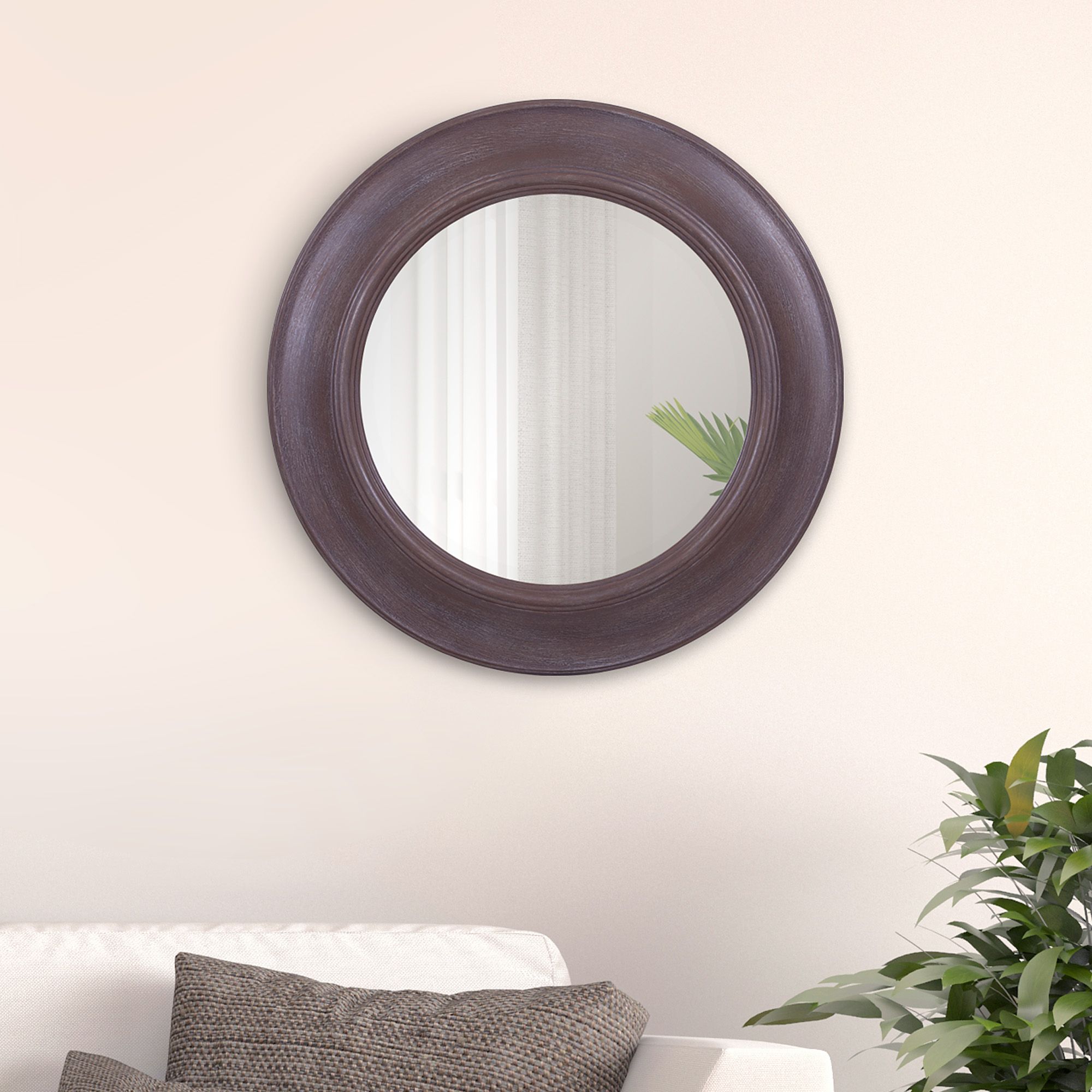 Rustic Round Mirror In Distressed Taupe 24"x24"patton Wall Decor Throughout Distressed Black Round Wall Mirrors (View 2 of 15)