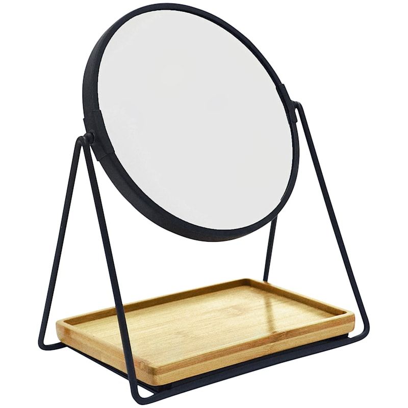 Ryu Matte Black Metal Magnifying Mirror/bamboo Accessory Tray | At Home Throughout Matte Black Metal Wall Mirrors (View 3 of 15)