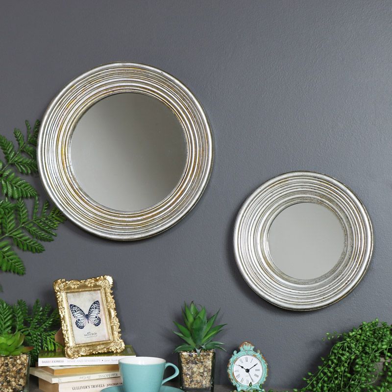 Set Of 2 Antiqued Round Silver Wall Mirrors – Melody Maison® Within Round Stacked Wall Mirrors (View 9 of 15)