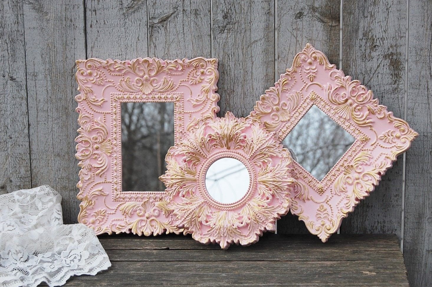 Shabby Chic Mirrors Set Wall Mirror Pink Gold Ornate Throughout Pink Wall Mirrors (View 10 of 15)