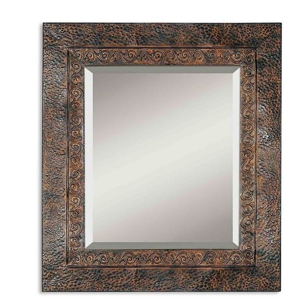 Shop 34" Rustic Brown & Black Hammered Metal Framed Beveled Rectangular For Rustic Industrial Black Frame Wall Mirrors (View 6 of 15)