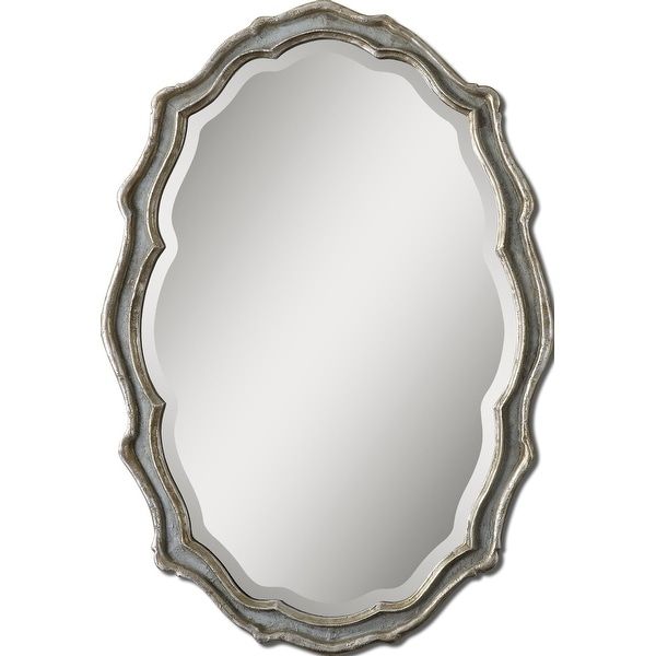 Shop 36" Antique Silver Leaf & Slate Blue Scalloped Framed Beveled Oval Throughout Round Scalloped Edge Wall Mirrors (View 3 of 15)
