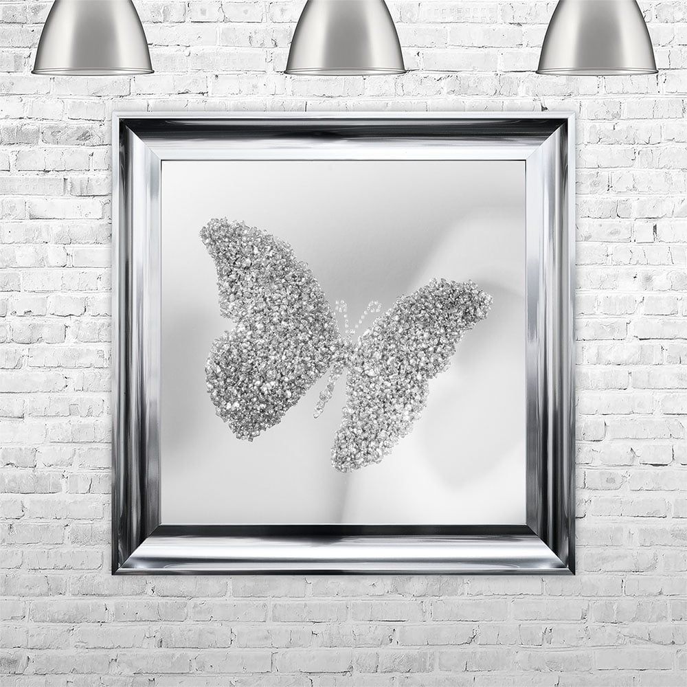 Silver Butterfly | Mirror Back | Framed Liquid Artwork And Swarovski With Regard To Butterfly Gold Leaf Wall Mirrors (View 7 of 15)
