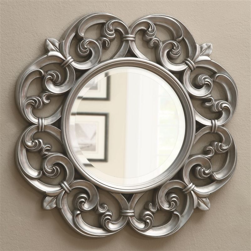 Silver Fleur De Lis Ornate Round Wall Mirrorcoaster – 900699 Pertaining To Silver Rounded Cut Edge Wall Mirrors (View 14 of 15)