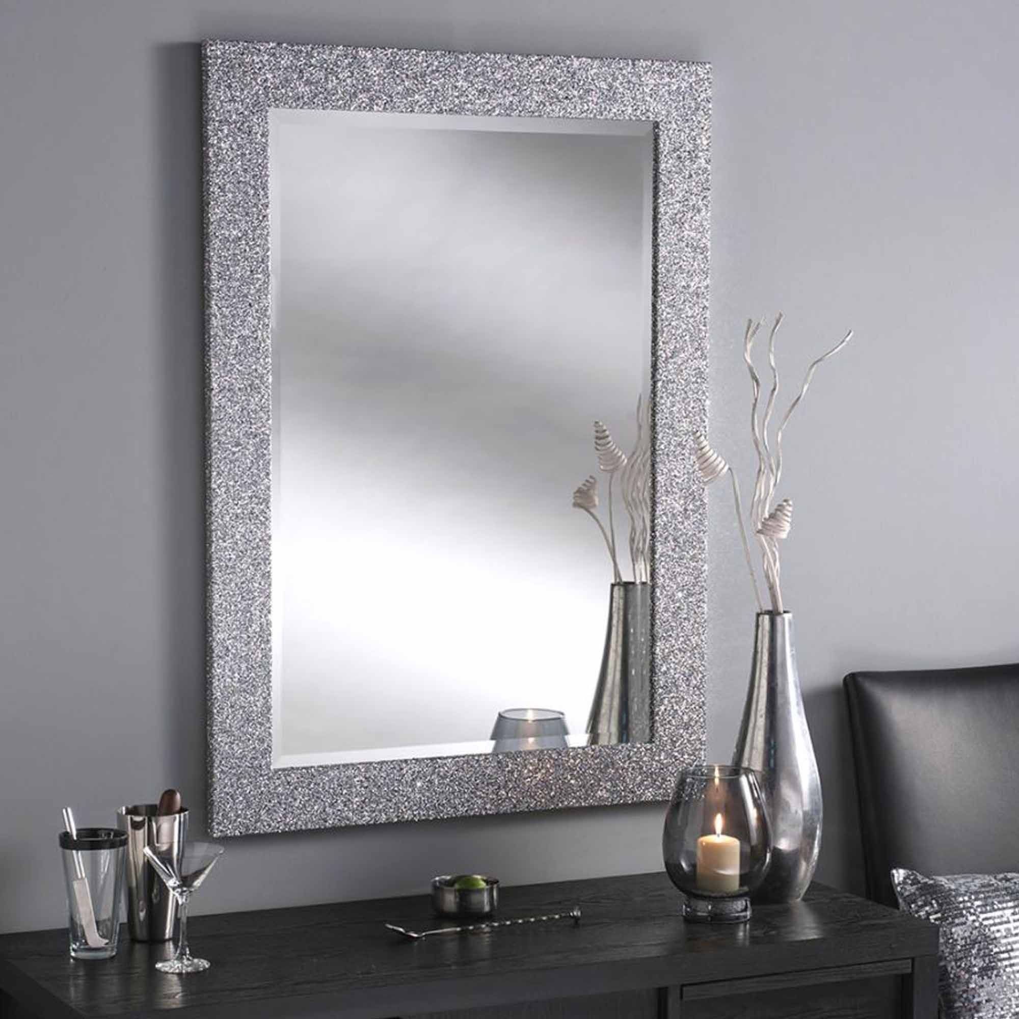 Silver Glitter Rectangular Wall Mirror | Homesdirect365 Inside Silver High Wall Mirrors (View 3 of 15)