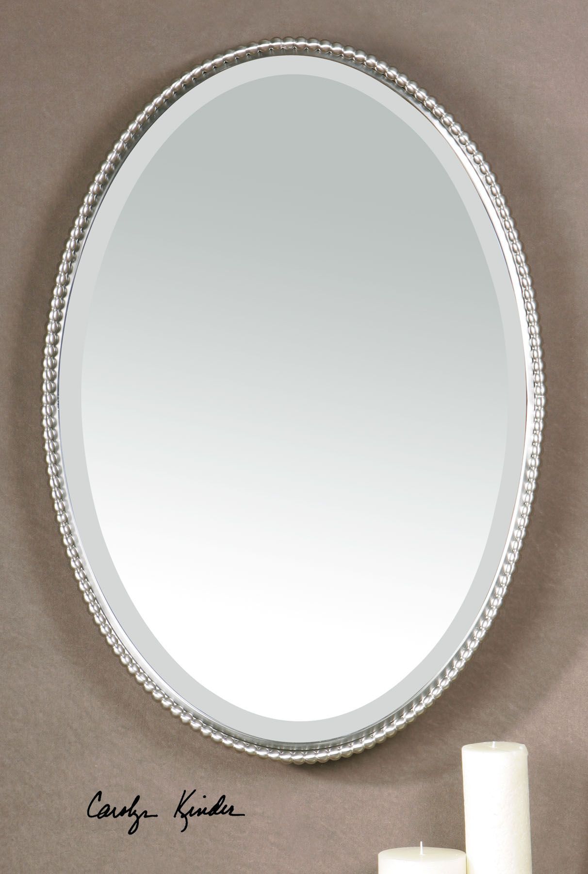 Silver Nickel Beaded Edge Oval Wall Mirror 32" Vanity Bathroom Horchow For Round Beaded Trim Wall Mirrors (View 2 of 15)