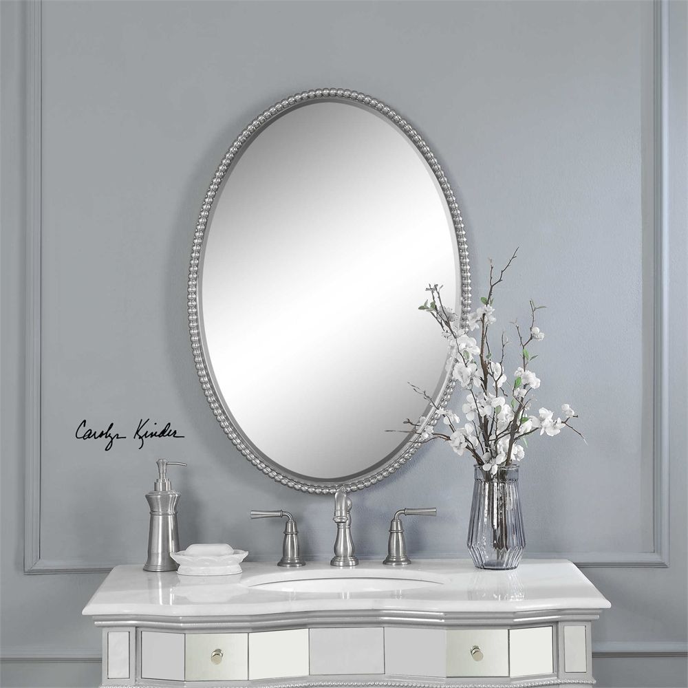 Silver Nickel Beaded Edge Oval Wall Mirror 32" Vanity Bathroom Horchow Within Brushed Nickel Round Wall Mirrors (View 4 of 15)