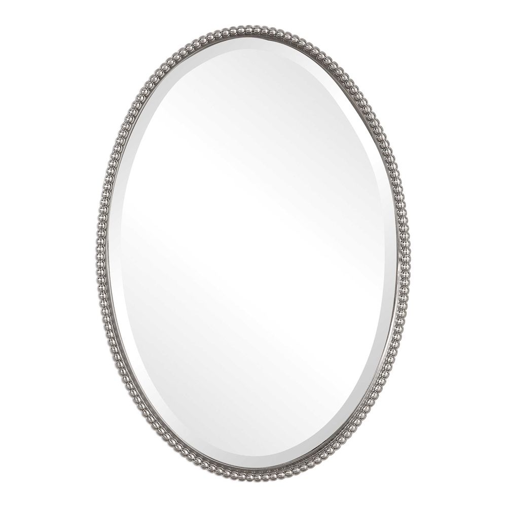 Silver Nickel Beaded Edge Oval Wall Mirror 32" Vanity Bathroom Horchow Within Polished Nickel Oval Wall Mirrors (View 10 of 15)