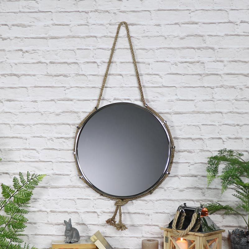 Silver Nickel Nautical Wall Mirror With Rope Hanger 44cm Within Nickel Floating Wall Mirrors (View 11 of 15)