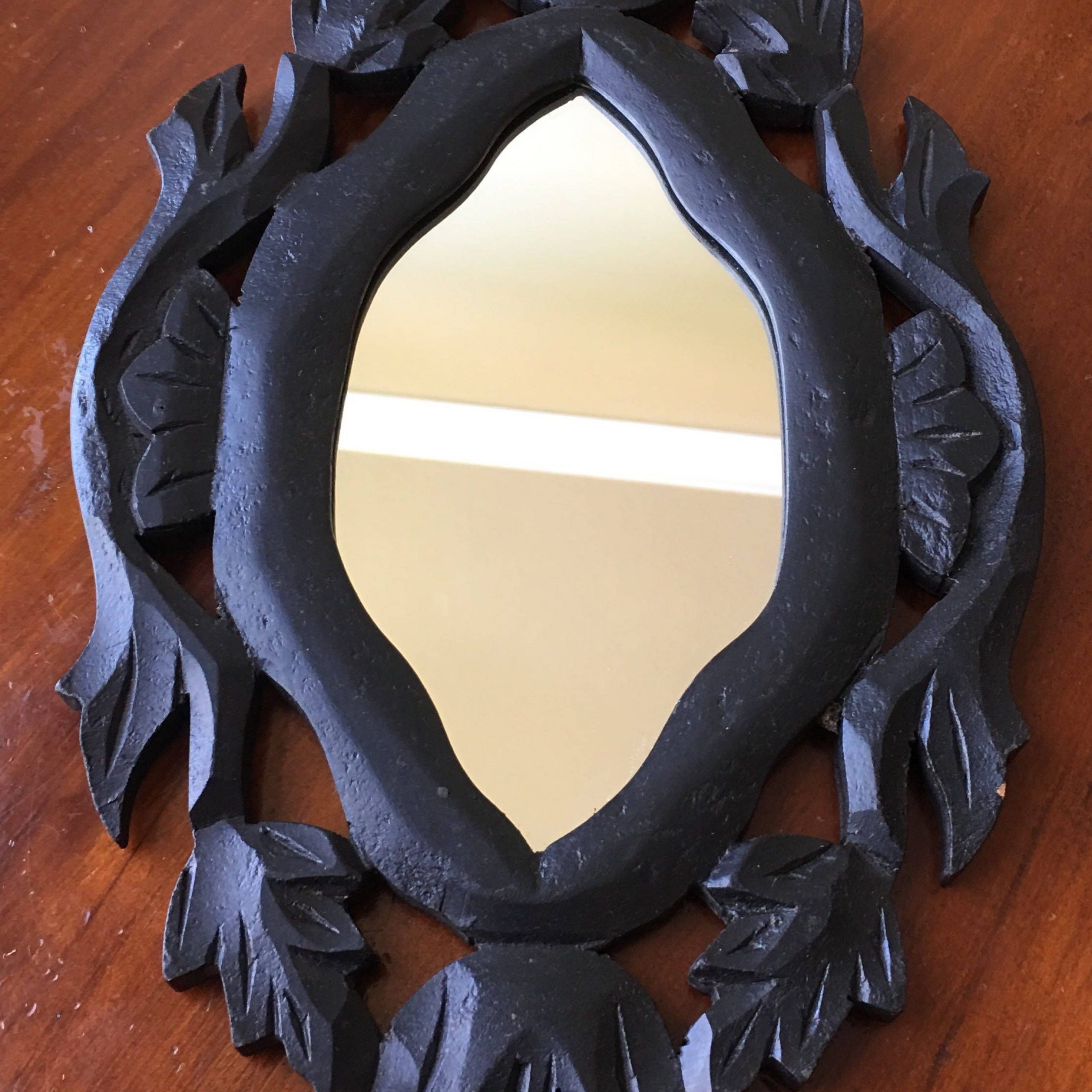 Small Black Carved Wood Wall Mirror Black Wooden Frame | Etsy | Wooden For Black Wood Wall Mirrors (View 6 of 15)