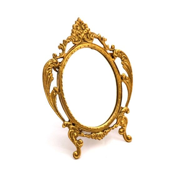 Small Brass Free Standing Mirror Ornate Goldtwotimevintage For Antique Brass Standing Mirrors (View 15 of 15)